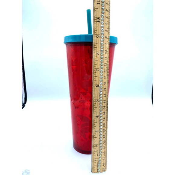 Starbucks Red Flowers Berries Abstract Faceted Cold Cup Tumbler 24 oz with Straw - Picture 4 of 7